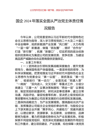 国企2024年落实全面从严治党主体责任情况报告