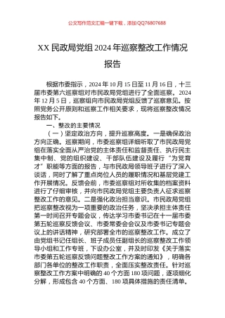 XX民政局党组2024年巡察整改工作情况报告