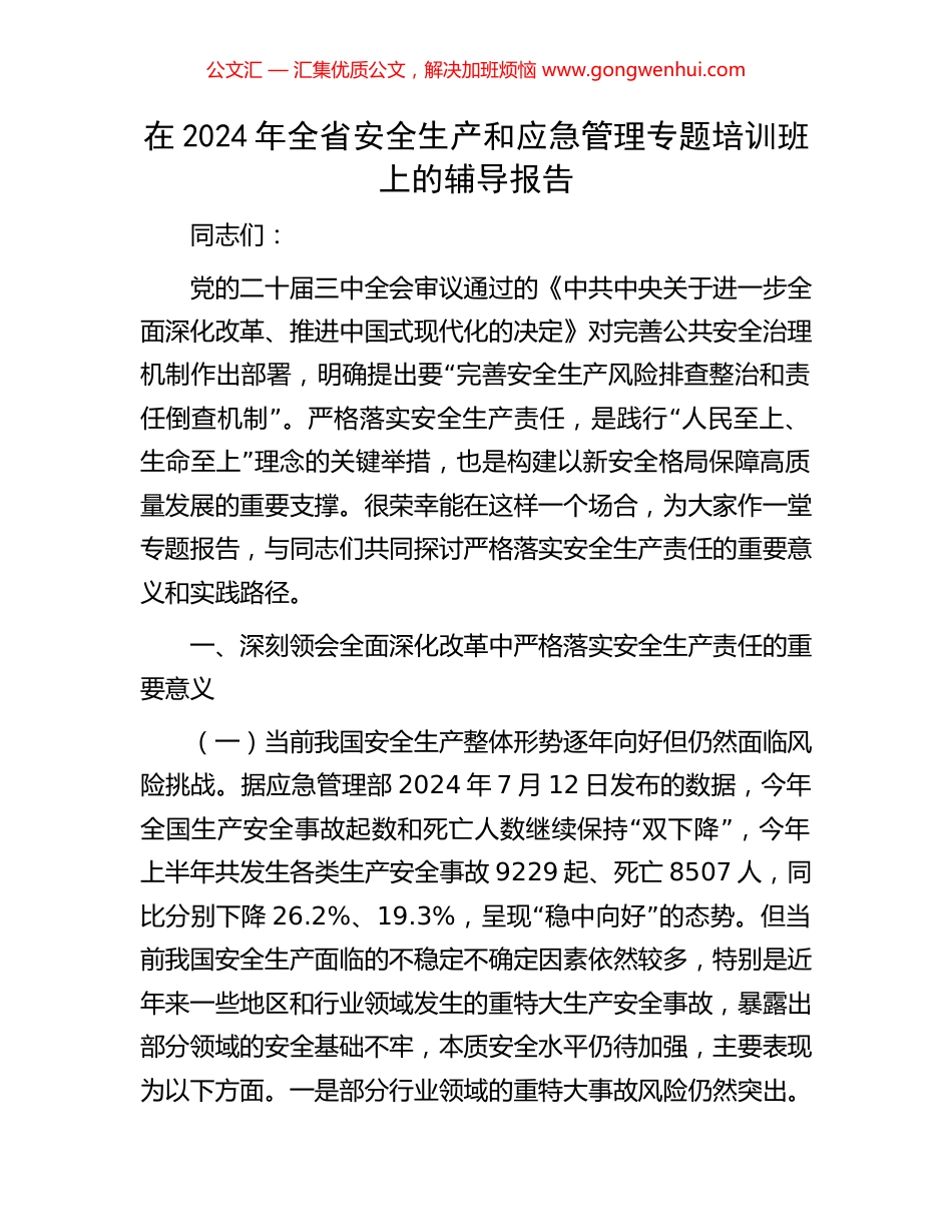 在2024年全省安全生产和应急管理专题培训班上的辅导报告_第1页