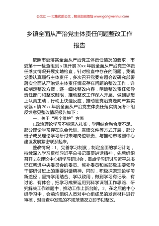 乡镇全面从严治党主体责任问题整改工作报告