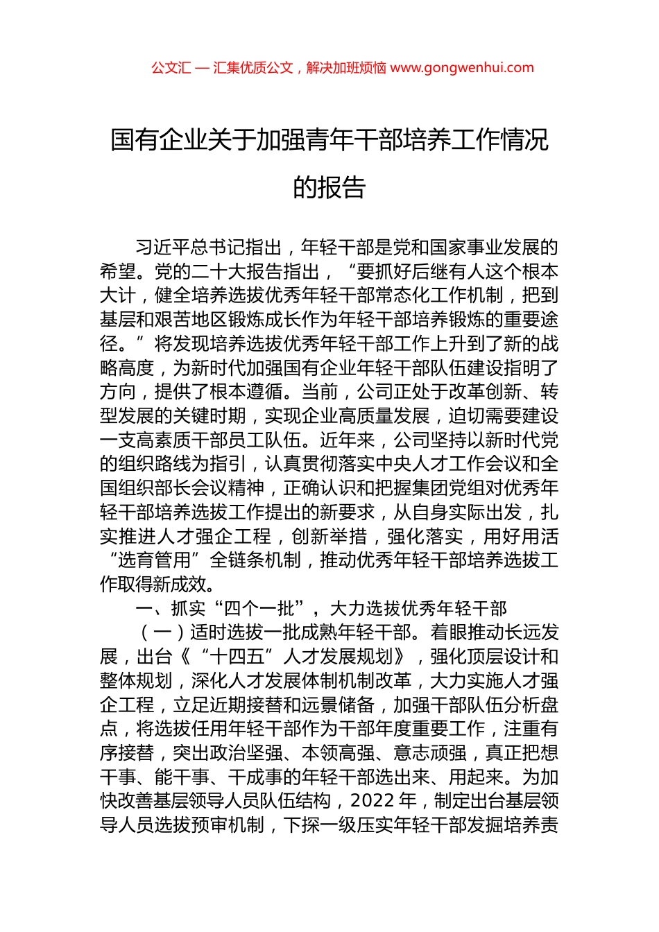 国有企业关于加强青年干部培养工作情况的报告_第1页