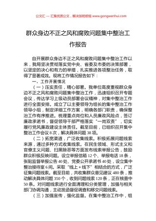 群众身边不正之风和腐败问题集中整治工作报告