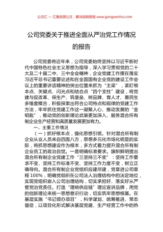 公司党委关于推进全面从严治党工作情况的报告