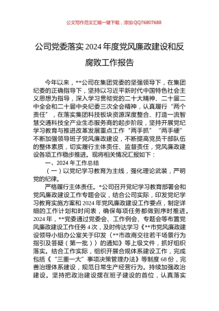 公司党委落实2024年度党风廉政建设和反腐败工作报告