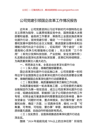 公司党建引领国企改革工作情况报告
