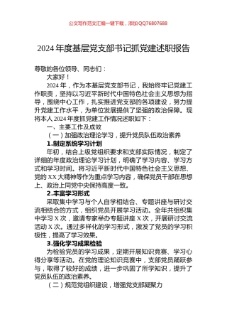 2024年度基层党支部书记抓党建述职报告