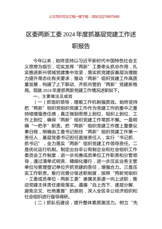 区委两新工委2024年度抓基层党建工作述职报告