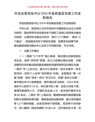 市发改委党组书记2024年度抓基层党建工作述职报告