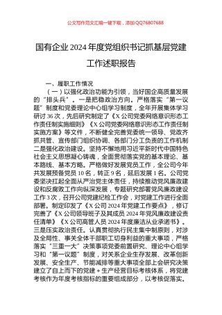 国有企业2024年度党组织书记抓基层党建工作述职报告