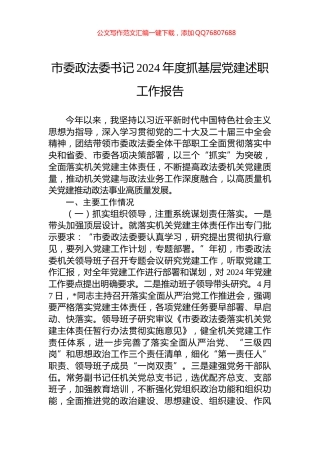 市委政法委书记2024年度抓基层党建述职工作报告