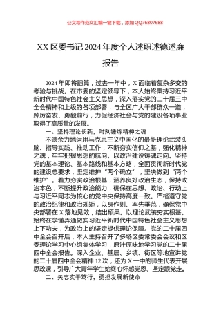 XX区委书记2024年度个人述职述德述廉报告