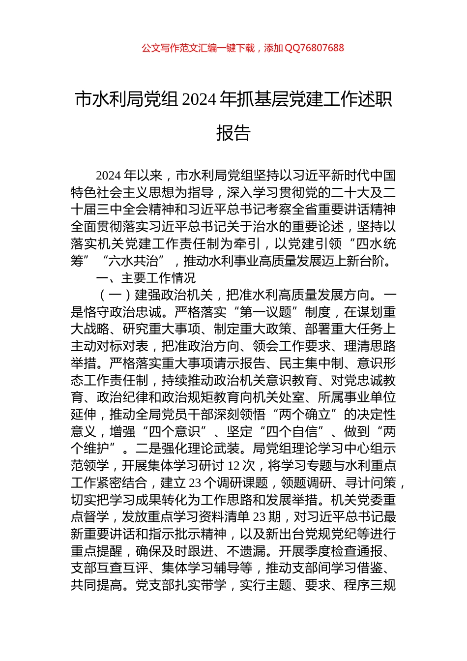市水利局党组2024年抓基层党建工作述职报告_第1页