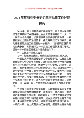 2024年某局党委书记抓基层党建工作述职报告