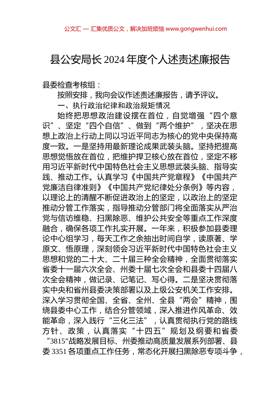 县公安局长2024年度个人述责述廉报告_第1页