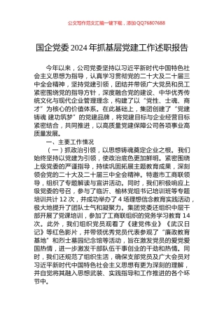 国企党委2024年抓基层党建工作述职报告