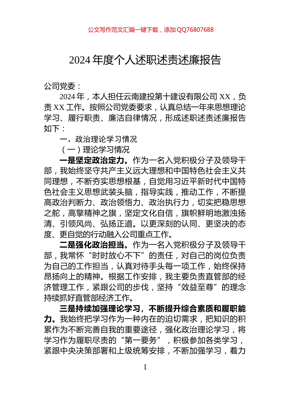 2024年度个人述职述责述廉报告_第1页