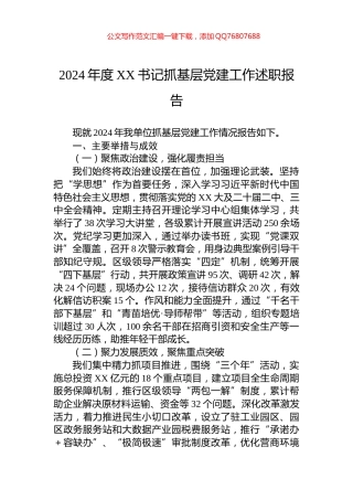 2024年度XX书记抓基层党建工作述职报告