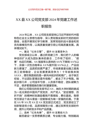 XX县XX公司党支部2024年党建工作述职报告