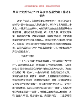某国企党委书记2024年度抓基层党建工作述职报告