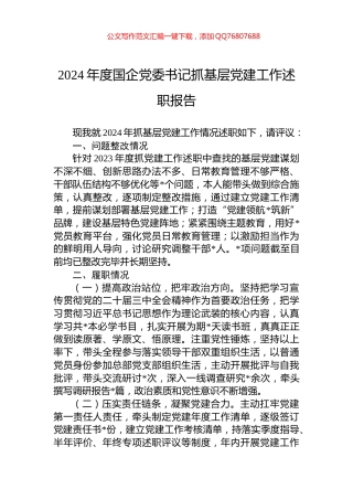 2024年度国企党委书记抓基层党建工作述职报告