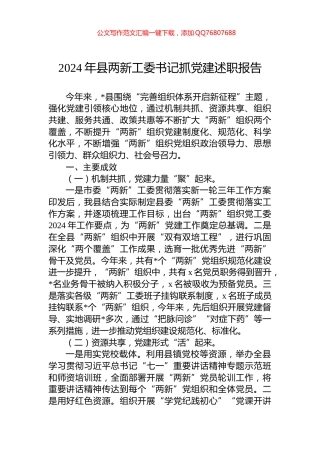 2024年县两新工委书记抓党建述职报告