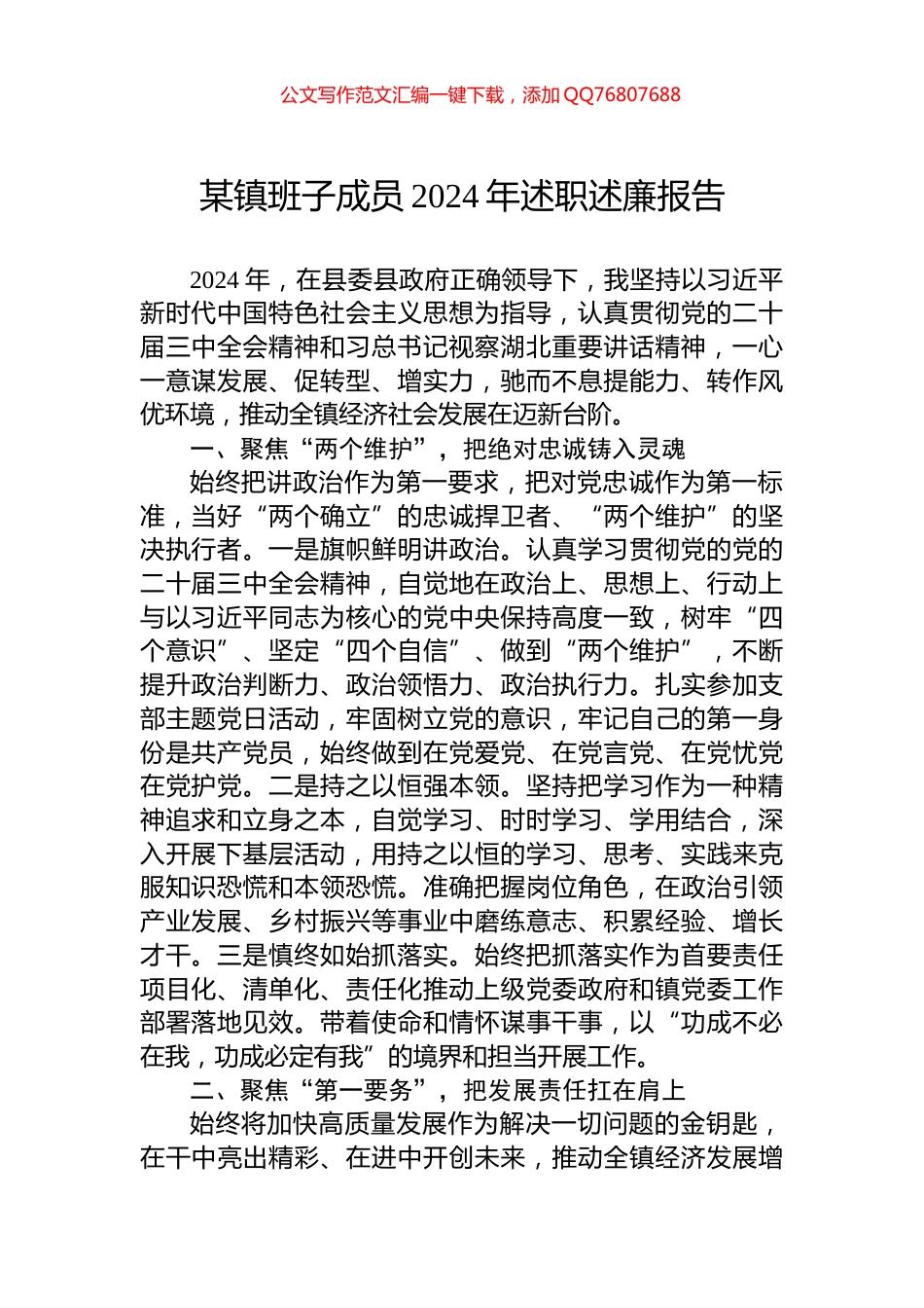 某镇班子成员2024年述职述廉报告_第1页