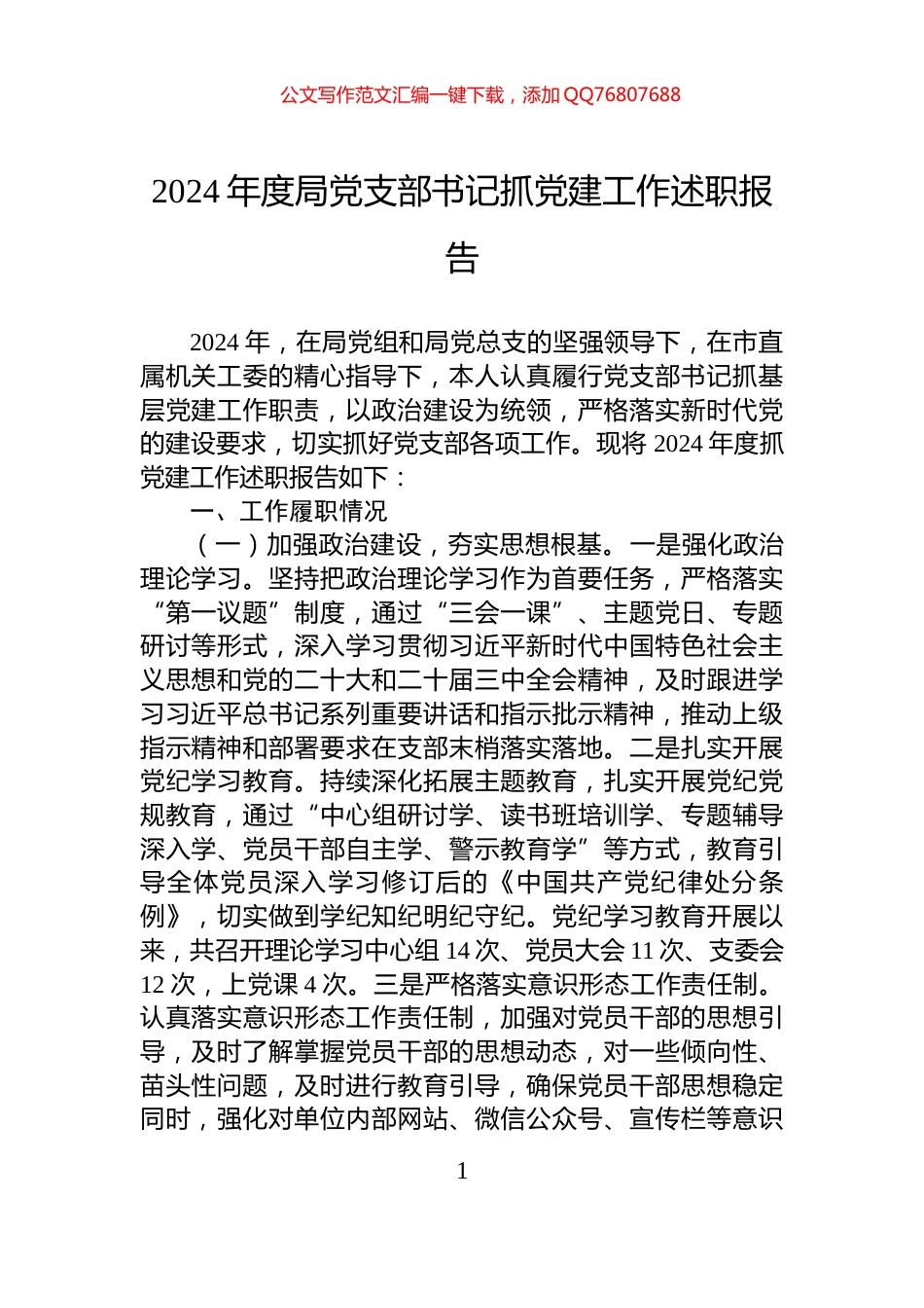 2024年度局党支部书记抓党建工作述职报告_第1页