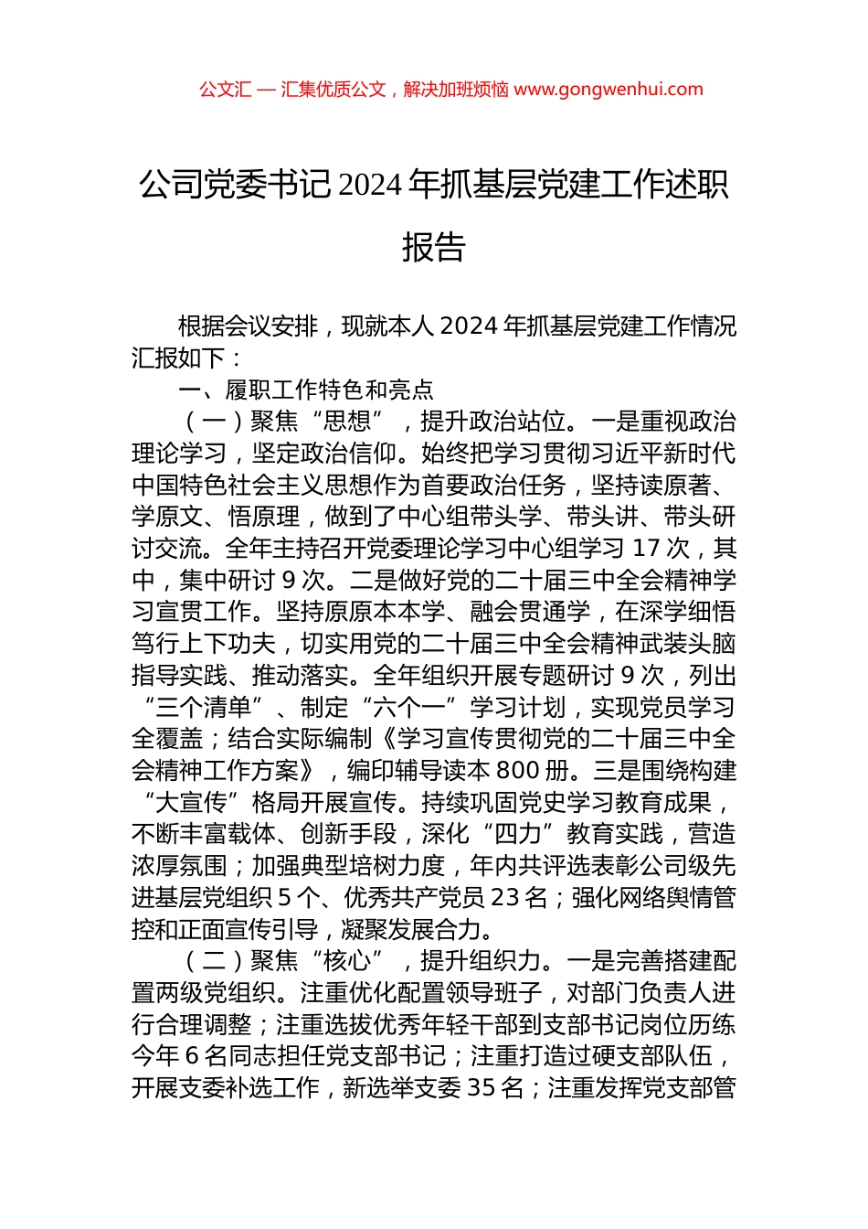 公司党委书记2024年抓基层党建工作述职报告_第1页