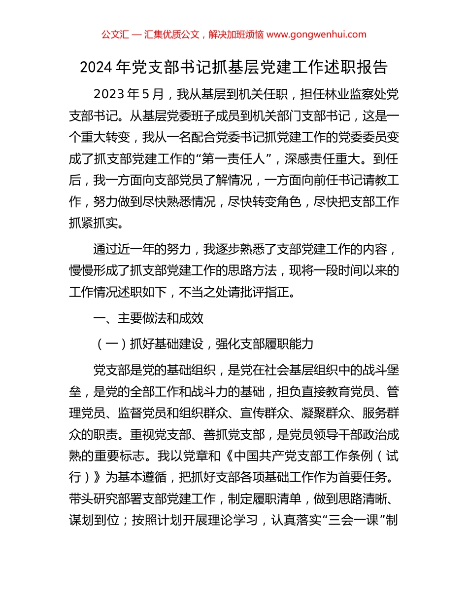 2024年党支部书记抓基层党建工作述职报告_第1页