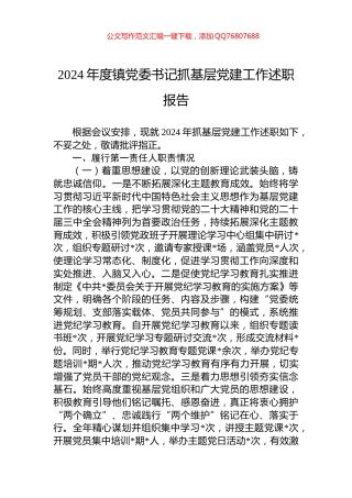 2024年度镇党委书记抓基层党建工作述职报告