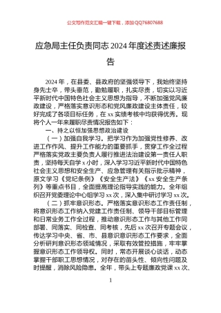 应急局主任负责同志2024年度述责述廉报告