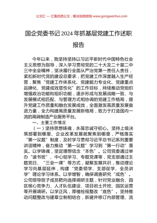 国企党委书记2024年抓基层党建工作述职报告
