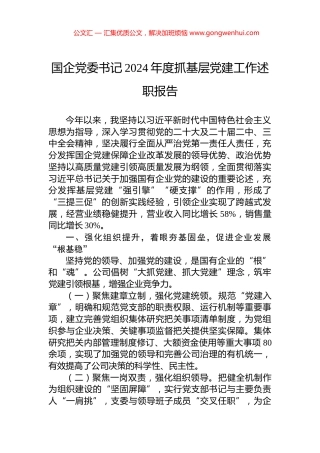 国企党委书记2024年度抓基层党建工作述职报告
