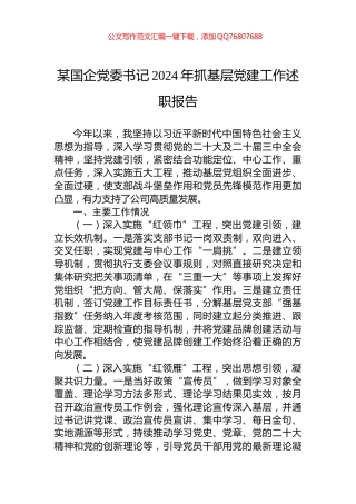 某国企党委书记2024年抓基层党建工作述职报告