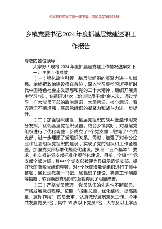 乡镇党委书记2024年度抓基层党建述职工作报告