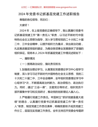 2024年党委书记抓基层党建工作述职报告