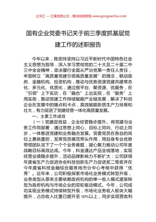 国有企业党委书记关于2024年前三季度抓基层党建工作的述职报告
