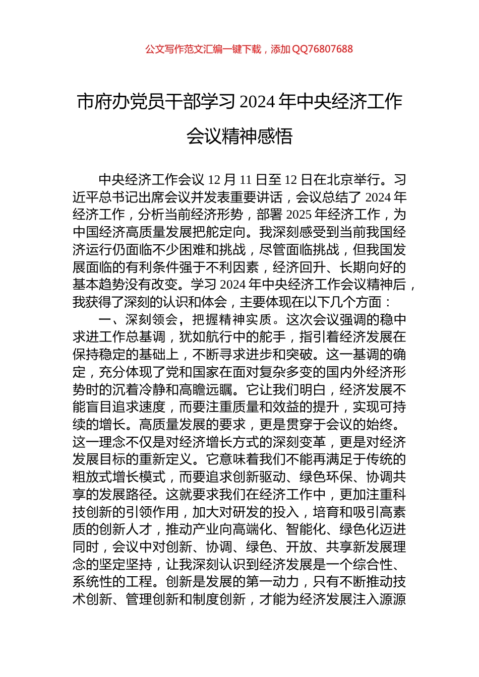 市府办党员干部学习2024年中央经济工作会议精神感悟_第1页