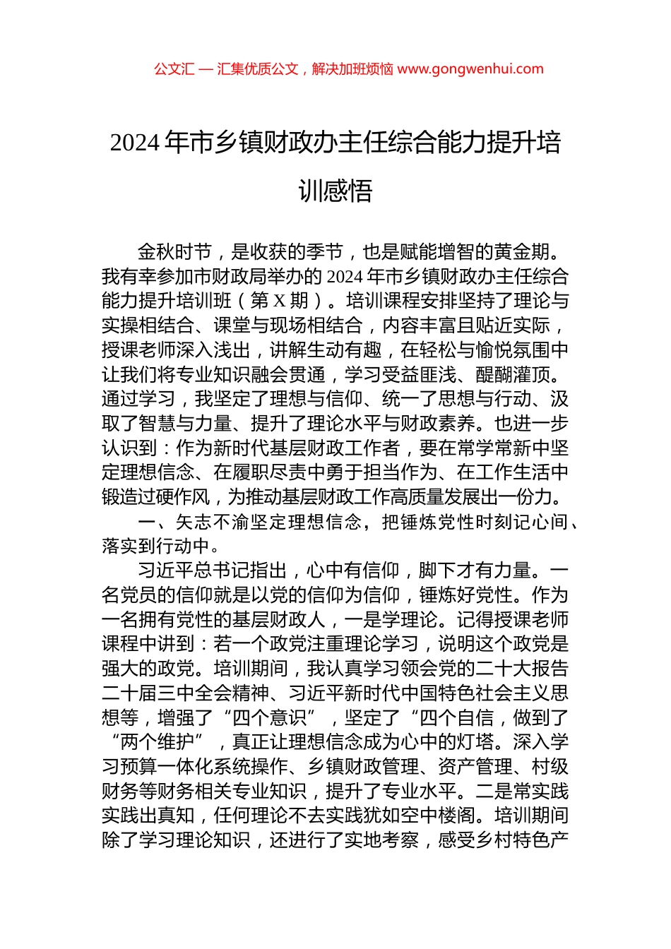 2024年市乡镇财政办主任综合能力提升培训感悟_第1页