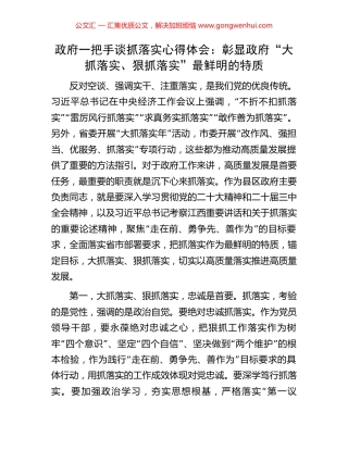 政府一把手谈抓落实心得体会：彰显政府“大抓落实、狠抓落实”最鲜明的特质