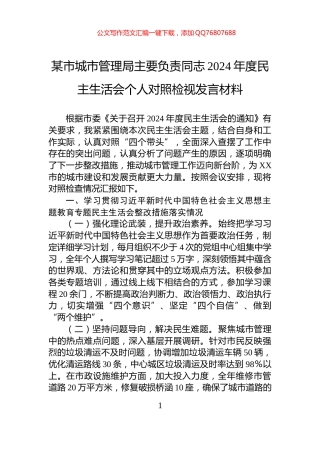 某市城市管理局主要负责同志2024年度民主生活会个人对照检视发言材料