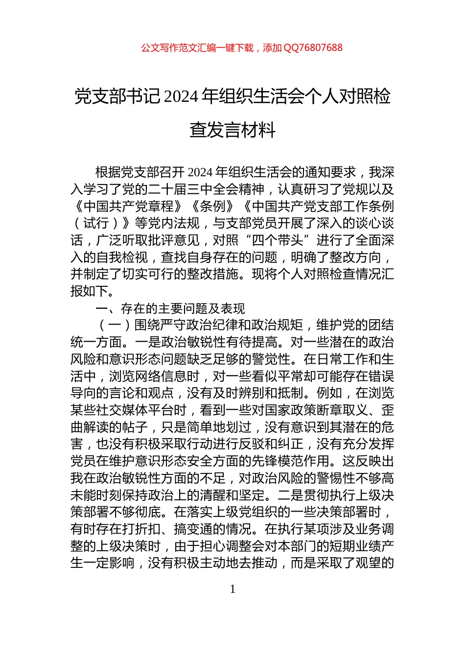 党支部书记2024年组织生活会个人对照检查发言材料_第1页
