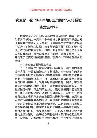 党支部书记2024年组织生活会个人对照检查发言材料