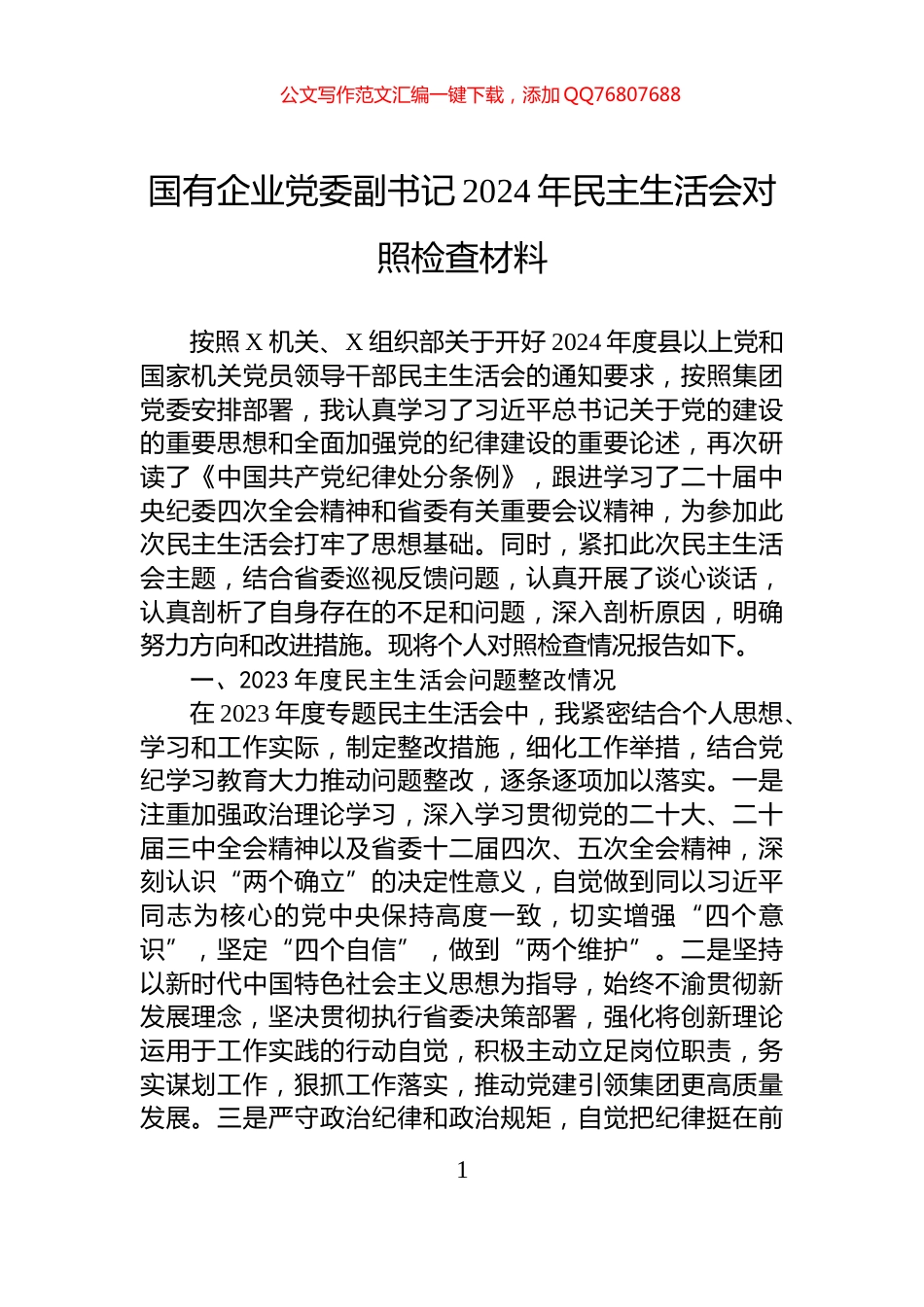 国有企业党委副书记2024年民主生活会对照检查材料_第1页