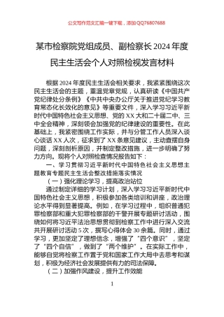 某市检察院党组成员、副检察长2024年度民主生活会个人对照检视发言材料