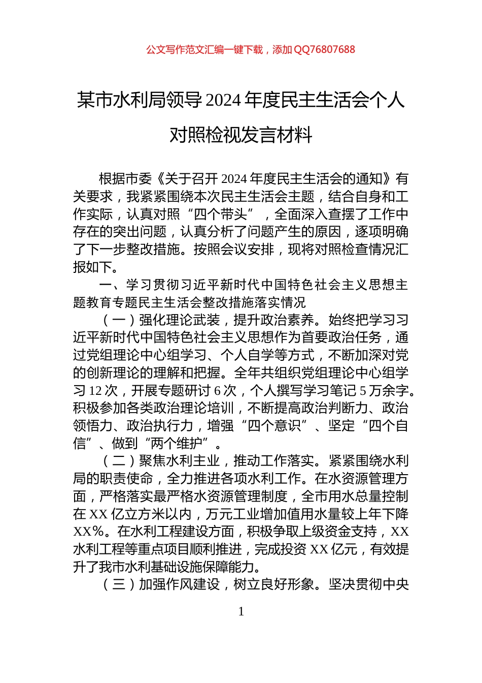某市水利局领导2024年度民主生活会个人对照检视发言材料_第1页