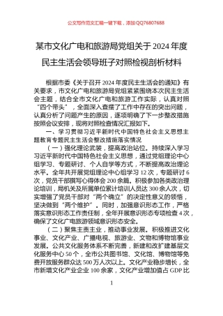 某市文化广电和旅游局党组关于2024年度民主生活会领导班子对照检视剖析材料