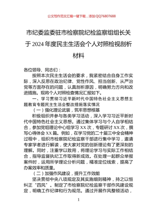 市纪委监委驻市检察院纪检监察组组长关于2024年度民主生活会个人对照检视剖析材料