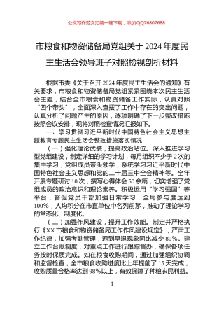 市粮食和物资储备局党组关于2024年度民主生活会领导班子对照检视剖析材料