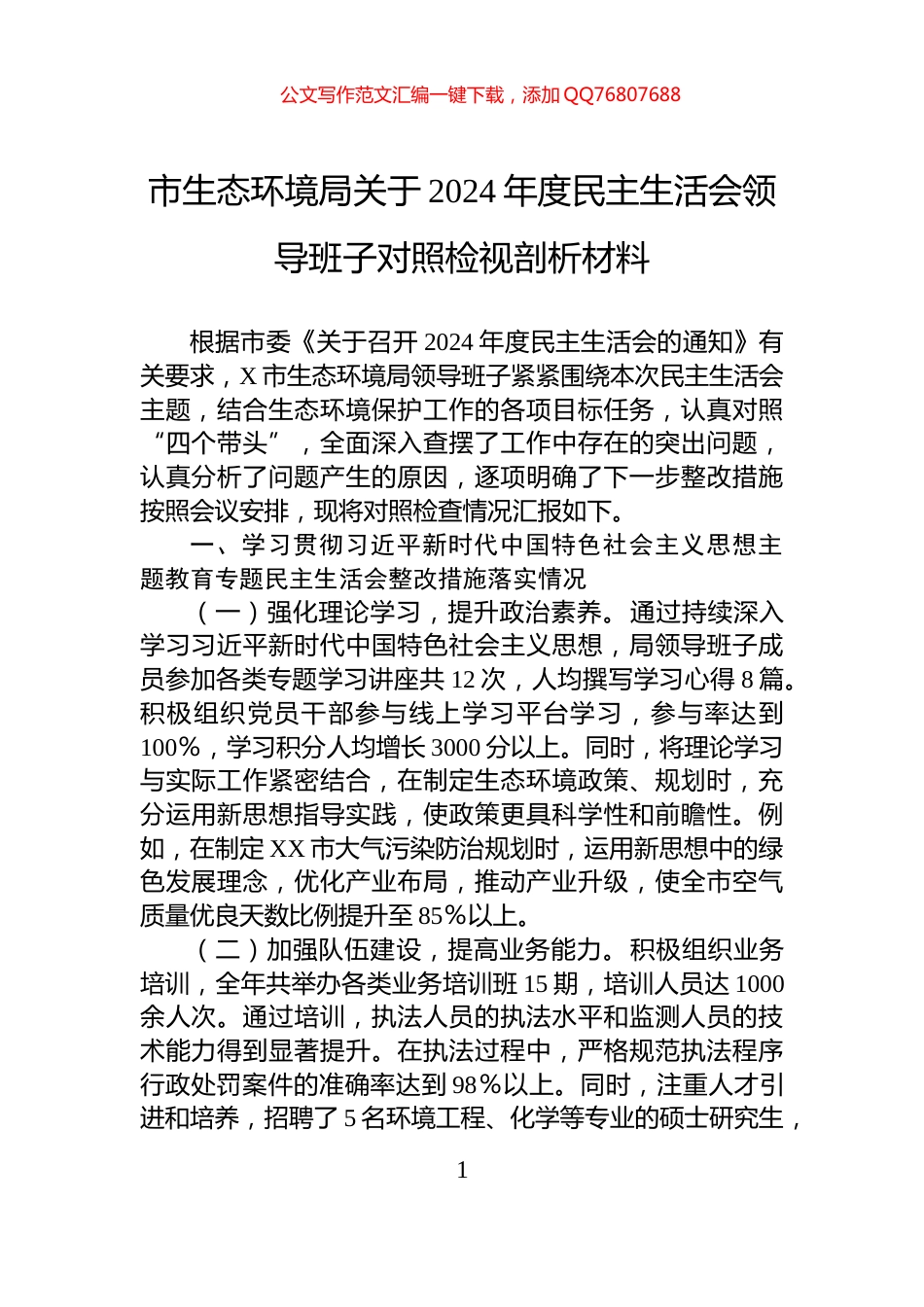 市生态环境局关于2024年度民主生活会领导班子对照检视剖析材料_第1页